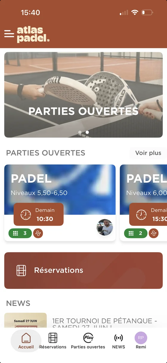 Application Atlas Padel, réservation de piste en temps réel sur iOS et Android
