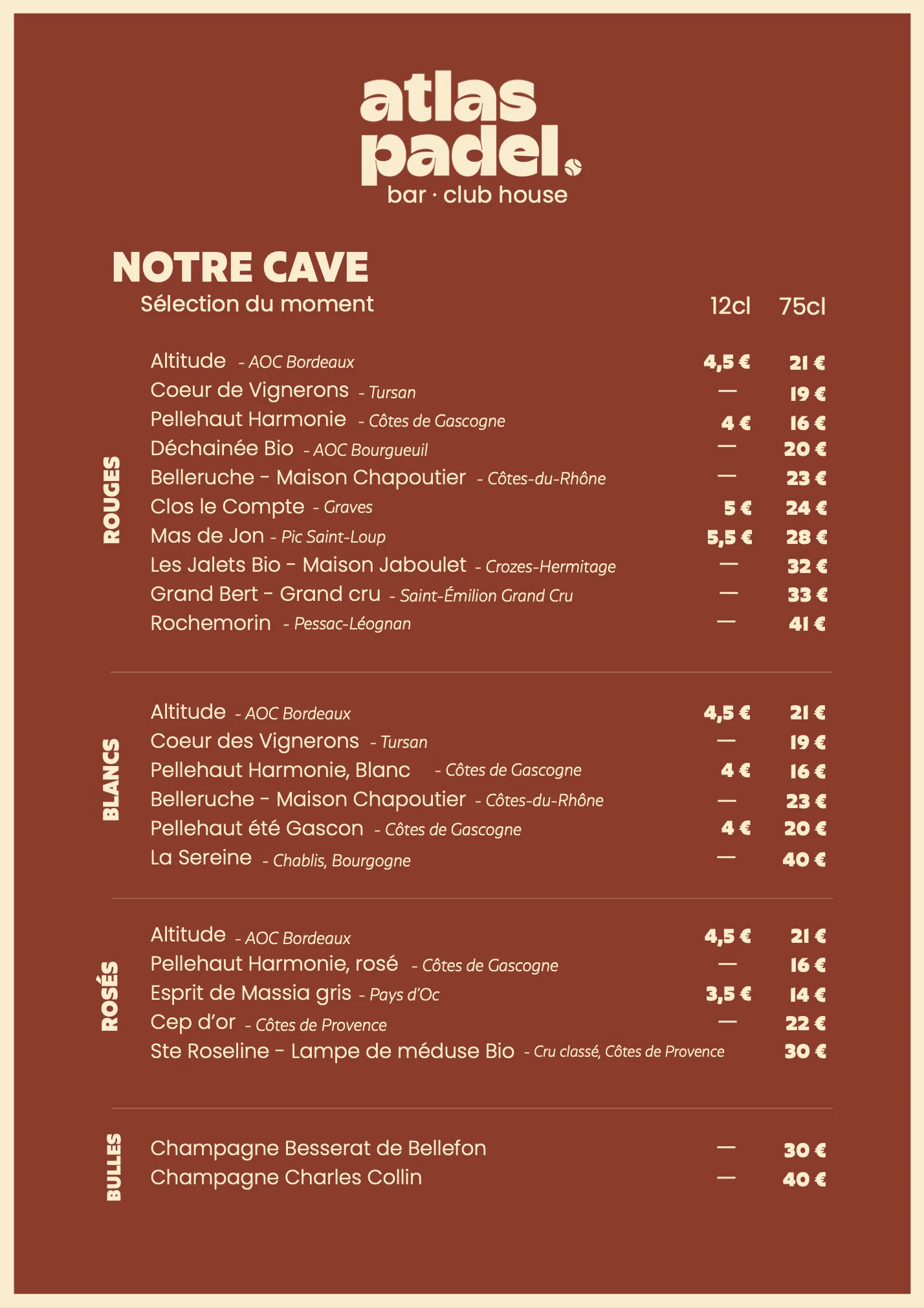 Carte des boissons Atlas Padel, page 2