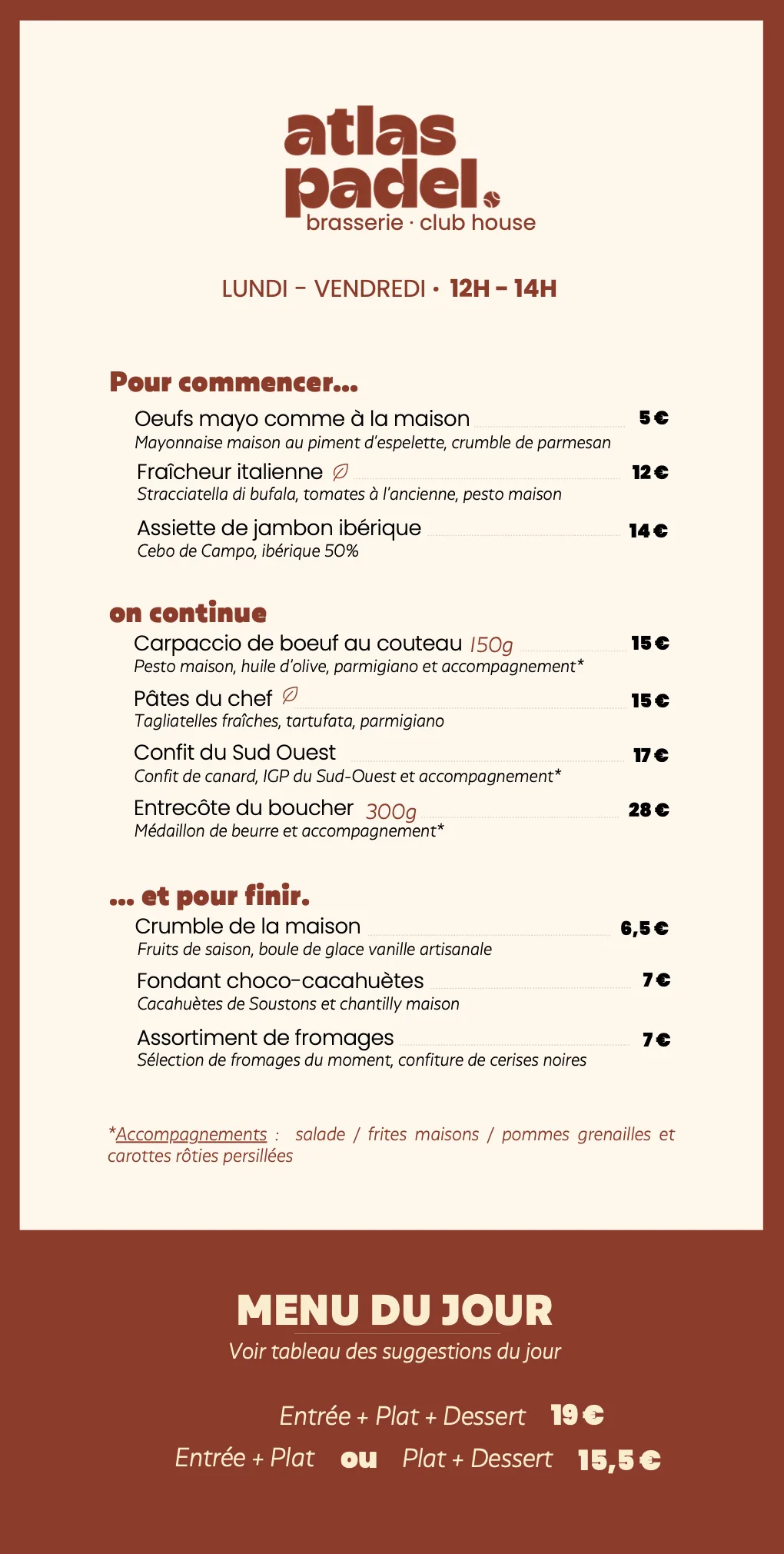 Carte brasserie Atlas Padel, page 1