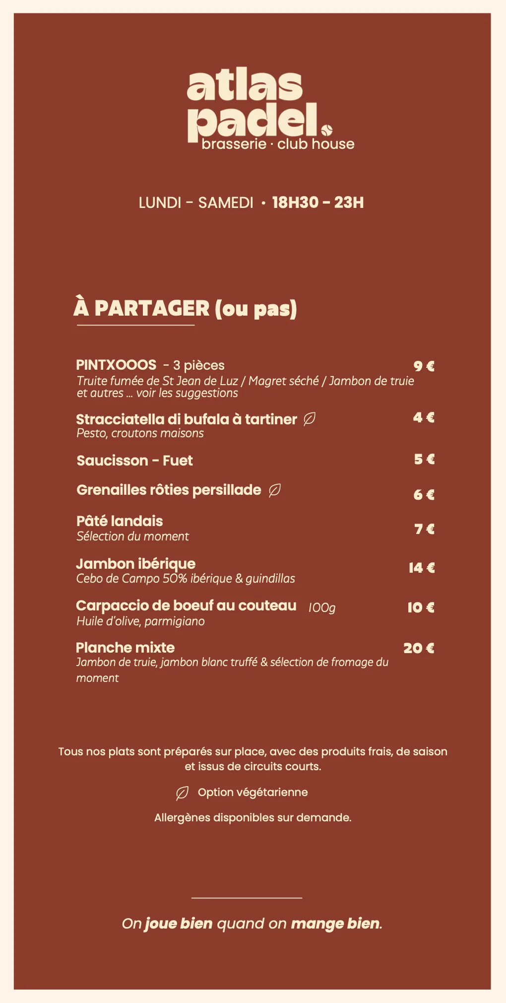 Carte brasserie Atlas Padel, page 2