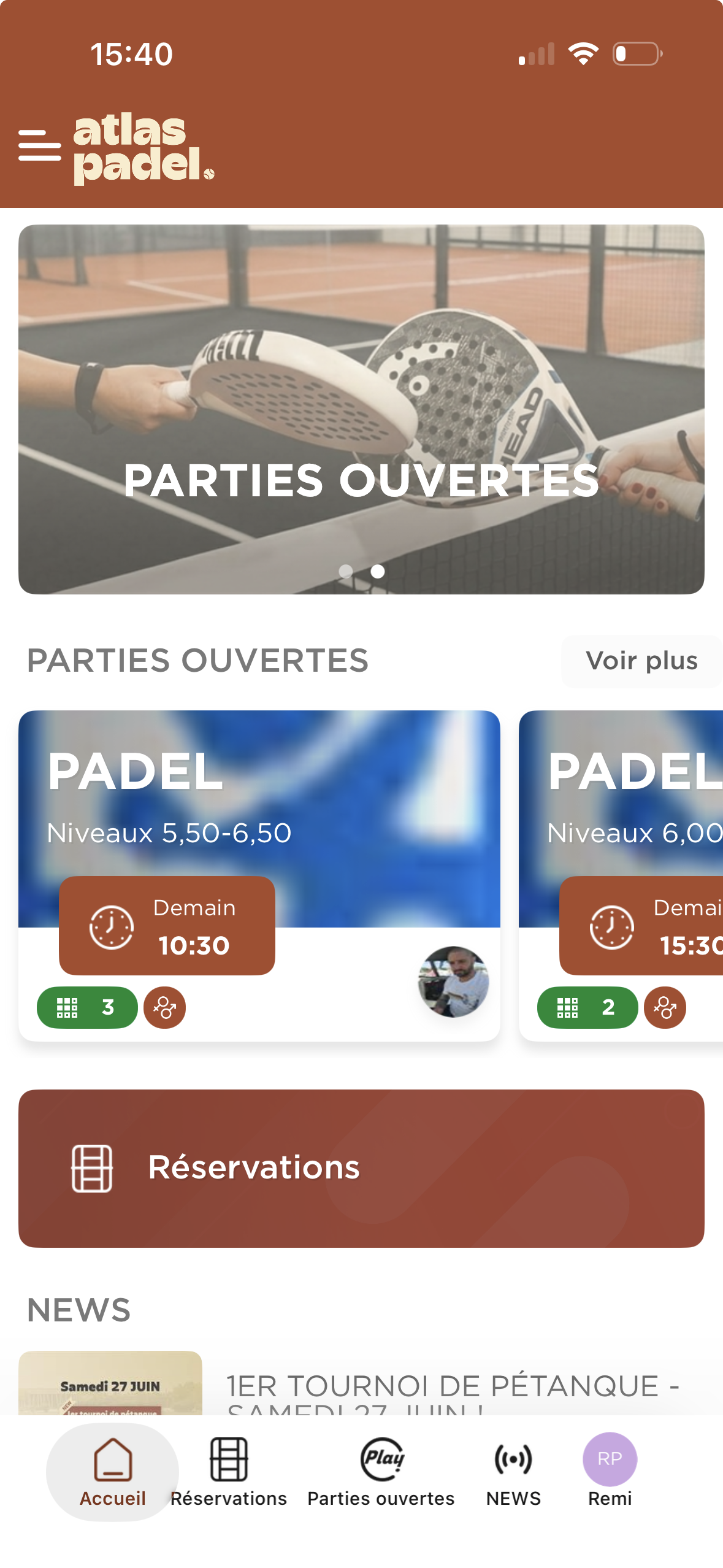Application Atlas Padel, réservation de piste en temps réel sur iOS et Android