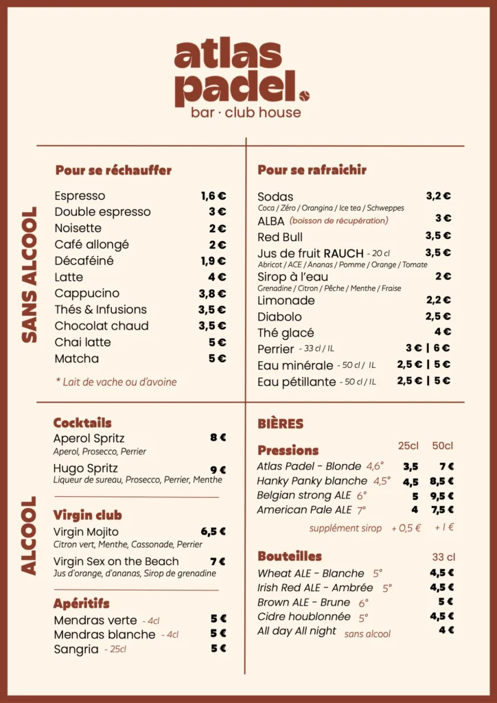 Boissons-1, Atlas Padel, bar & restaurant, Saint-Geours-de-Maremne, dans les Landes
