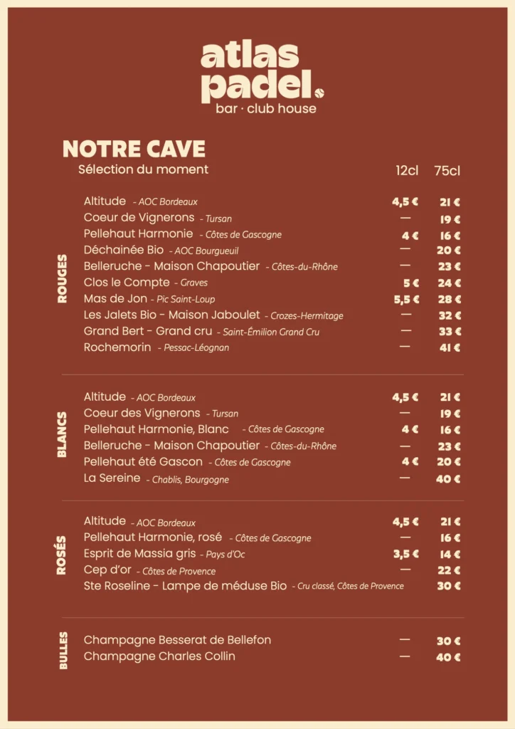 Boissons-2, Atlas Padel, bar & restaurant, Saint-Geours-de-Maremne, dans les Landes
